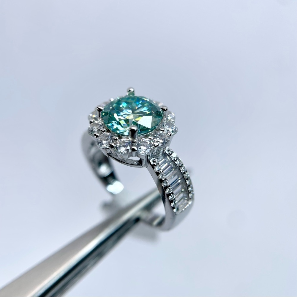 Moissanite Halo Ring Aqua Blue Center & Baguette Accents 18K White Gold Finish - Picture 9 of 16